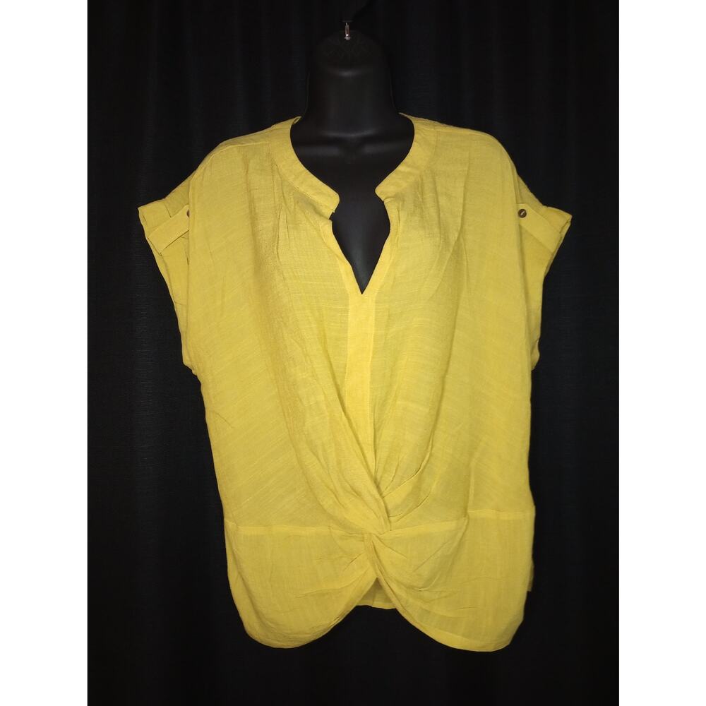 Buttery Yellow Linen Gauze Twist Front Blouse - Large - Euro Summer Boho Coastal